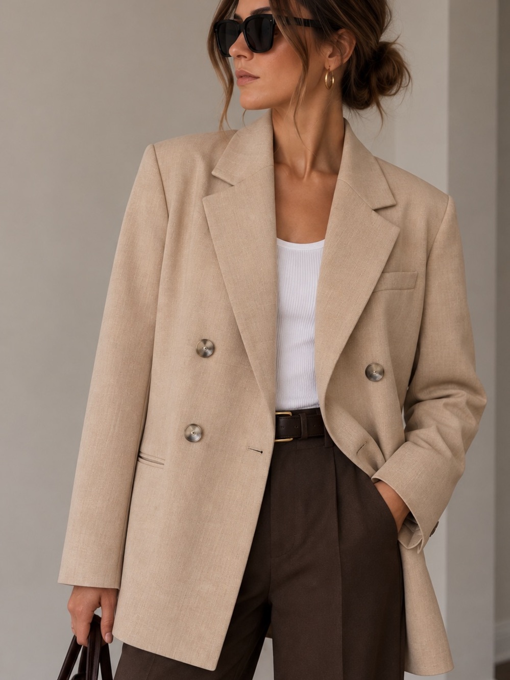 NWOT Anthropologie Maeve Beige Oversized Double Breasted Blazer Jacket Size 10
